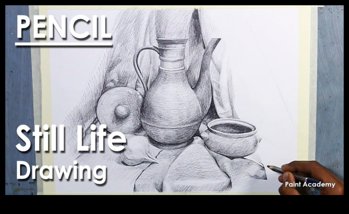 Zīmuļu tehnikas klusās dabas zīmēšanai 4 Zīmuļu tehnikas dinamiskiem klusās dabas zīmējumiem grafītā