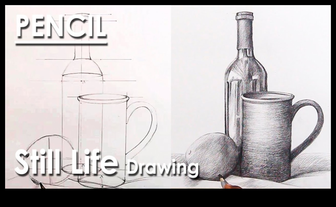 Zīmuļu tehnikas klusās dabas zīmēšanai 3 Zīmuļu tehnikas dinamiskiem klusās dabas zīmējumiem grafītā