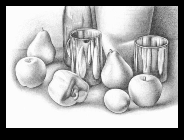 Zīmuļu tehnikas klusās dabas zīmēšanai 1 Zīmuļu tehnikas dinamiskiem klusās dabas zīmējumiem grafītā